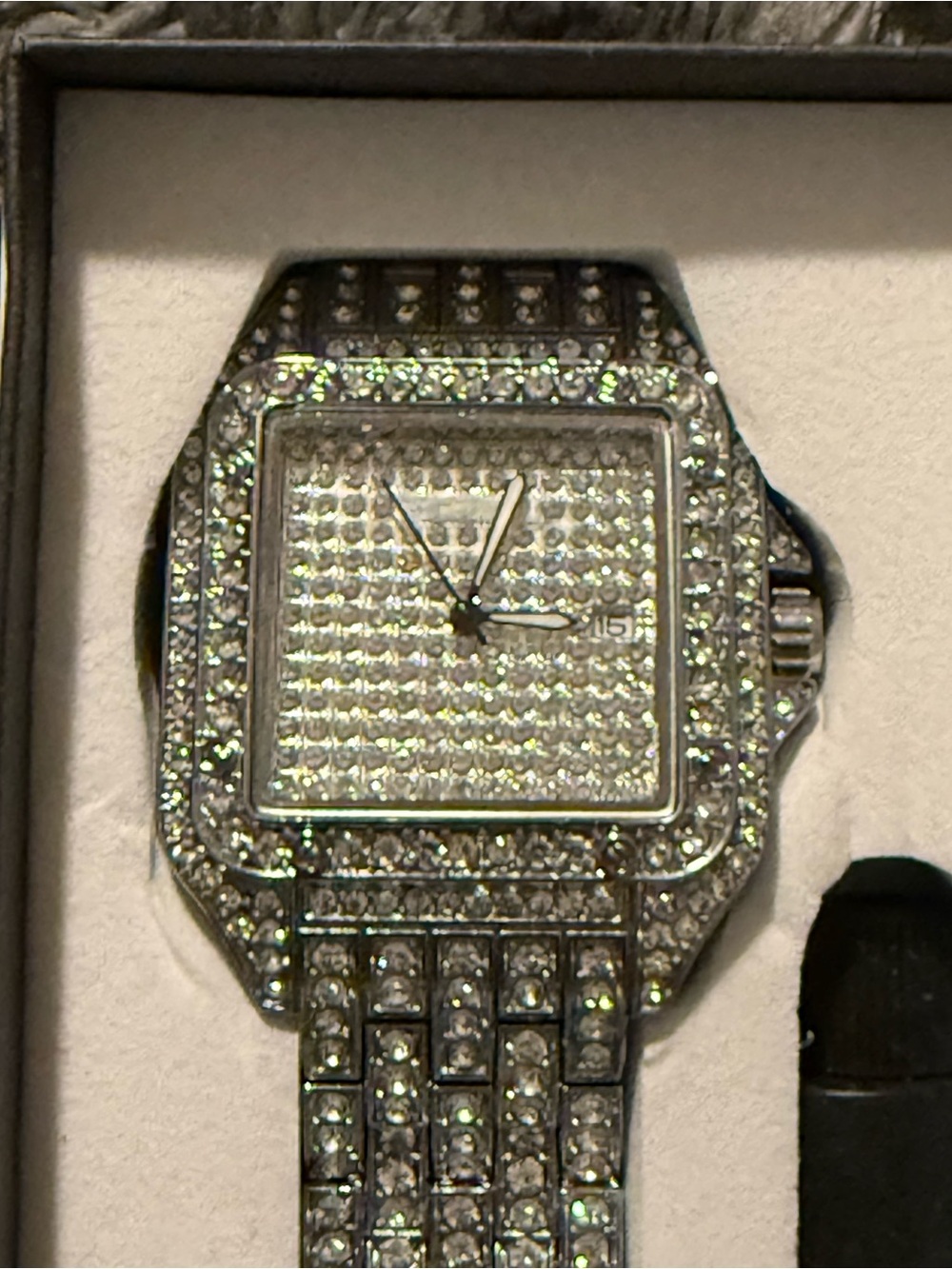 Men’s Pave Crystal Square Bracelet Watch — Silver